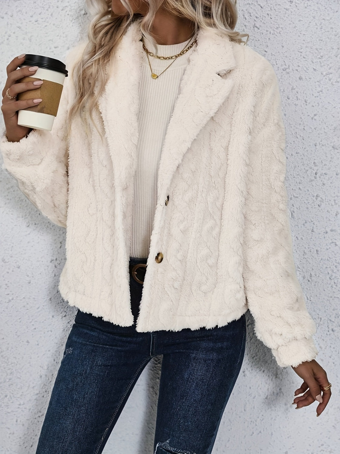 Fuzzy Button Up Collared Neck Jacket - Charming Charlie