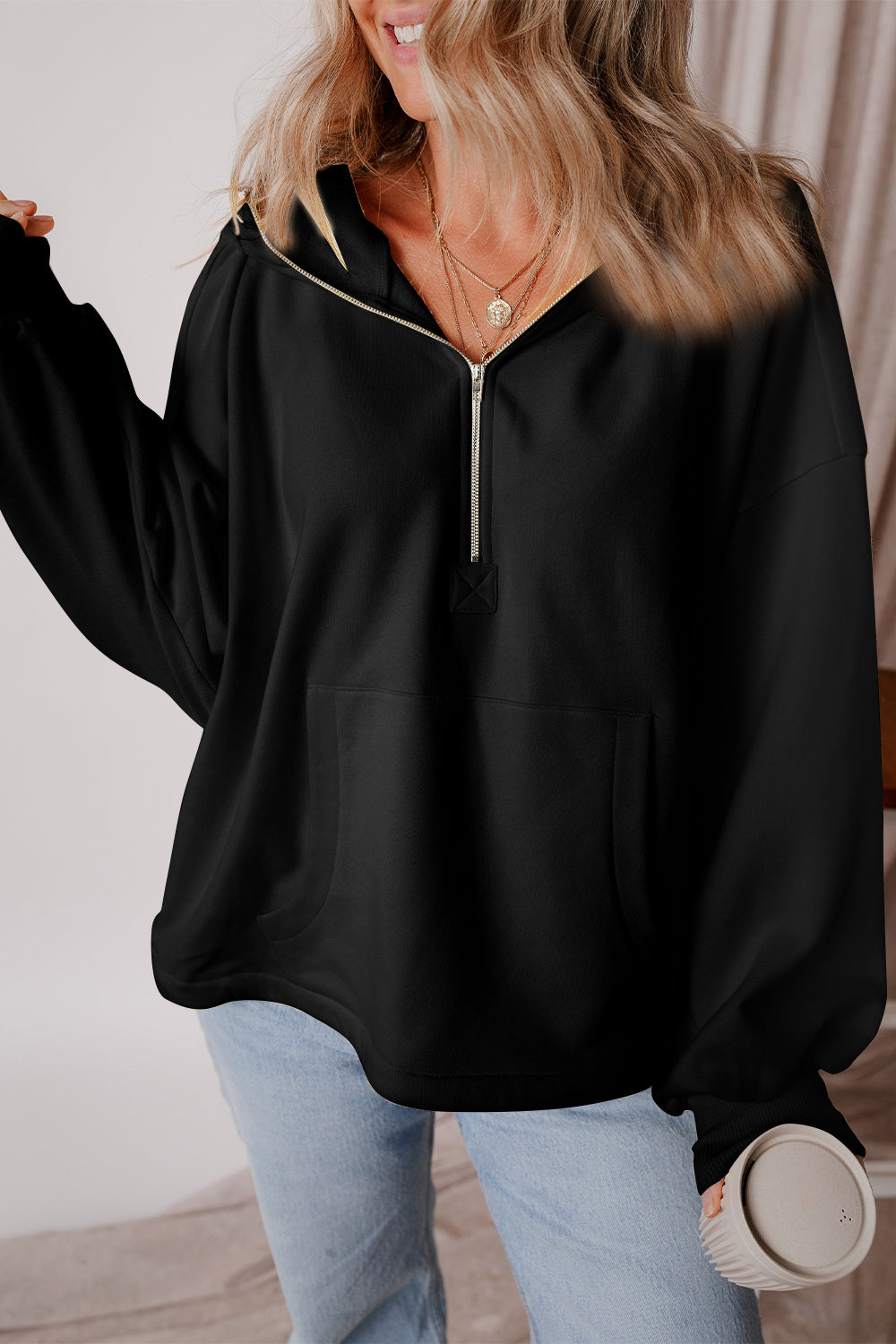 Pocketed Half Zip Dropped Shoulder Hoodie - Charming Charlie