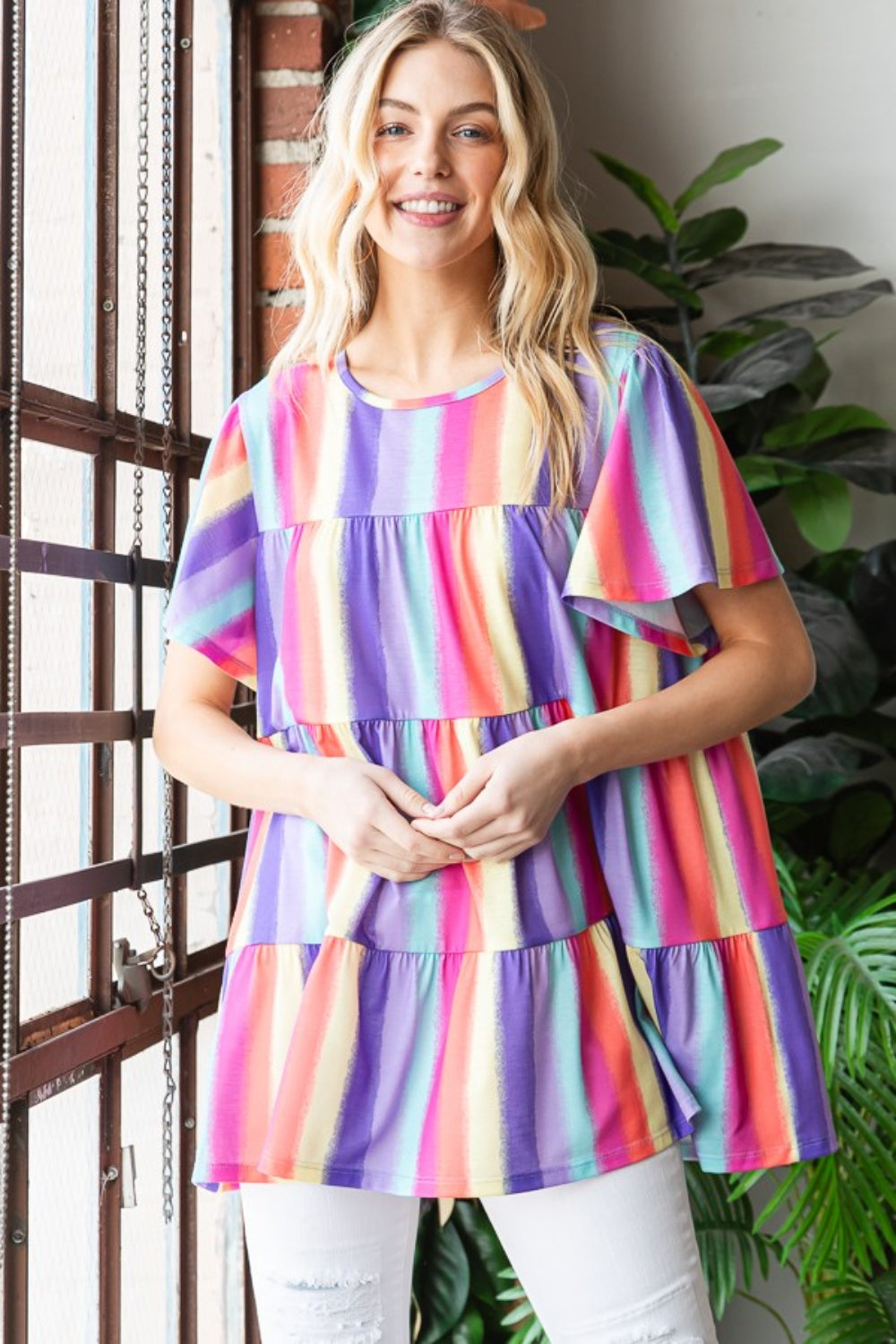 Heimish Full Size Short Sleeve Striped Tiered Top - Charming Charlie