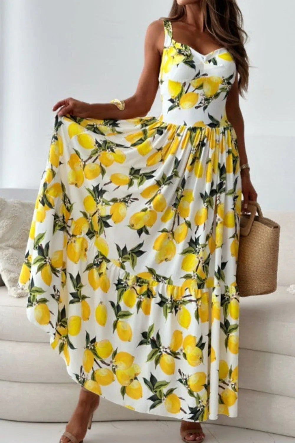 Lemon Print Sweetheart Neck Maxi Dress – Charming Charlie