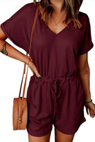 Full Size Drawstring V-Neck Short Sleeve Romper - Charming Charlie