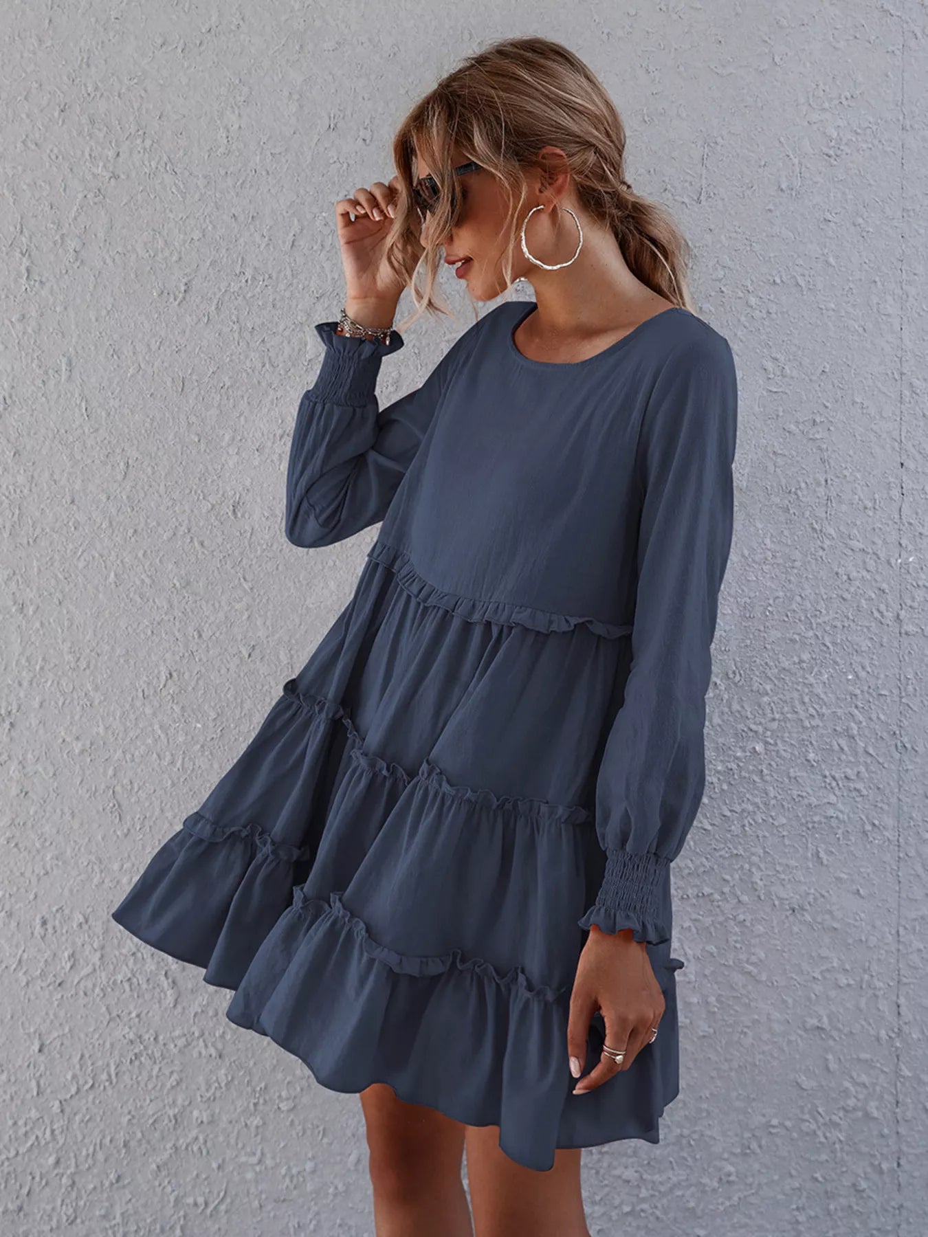 long-sleeve ruffle tiered mini dress Ruffle Tiered Long Sleeve Mini Dress Apricot / L