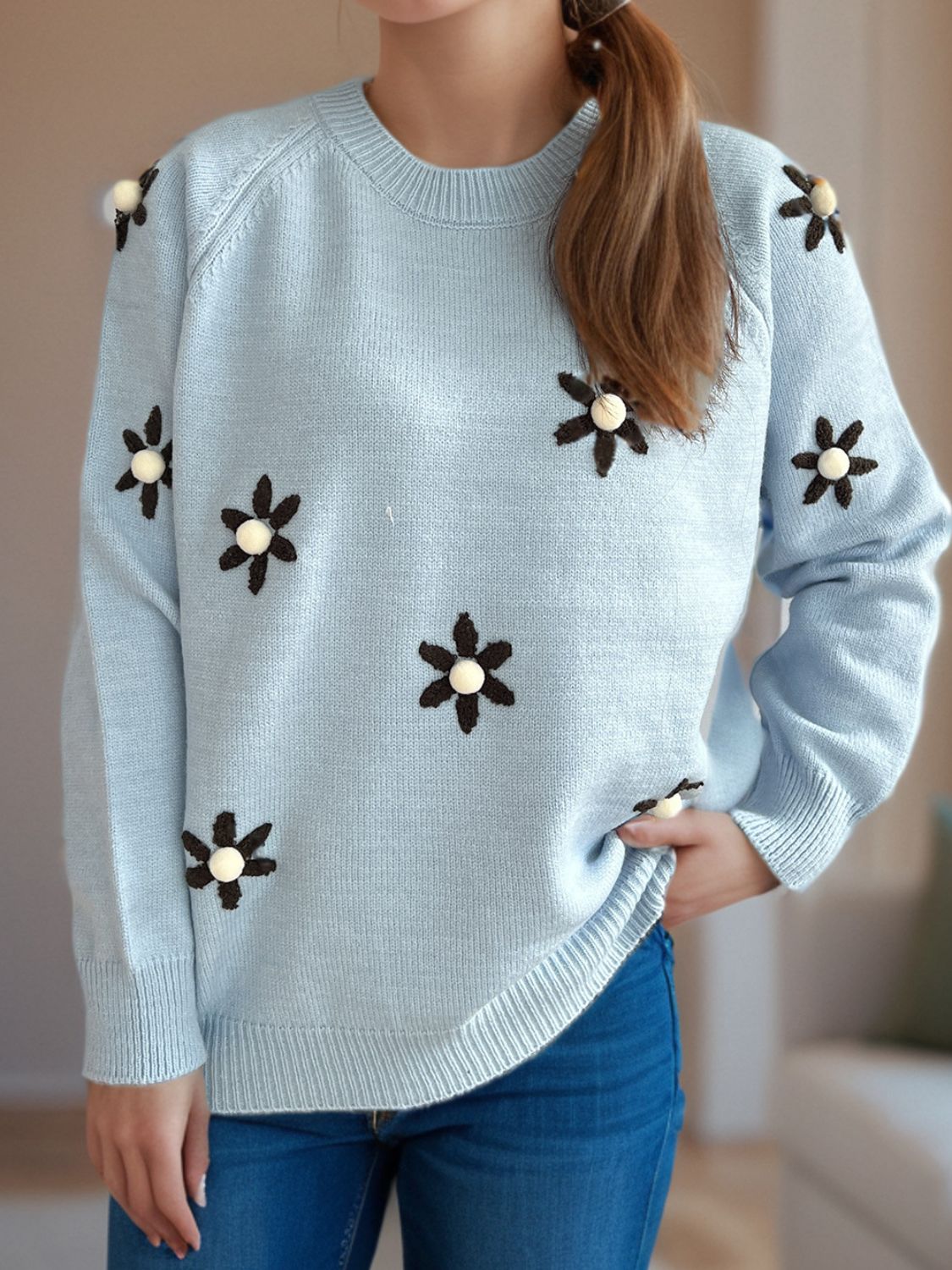 Flower Round Neck Raglan Sleeve Sweater - Charming Charlie