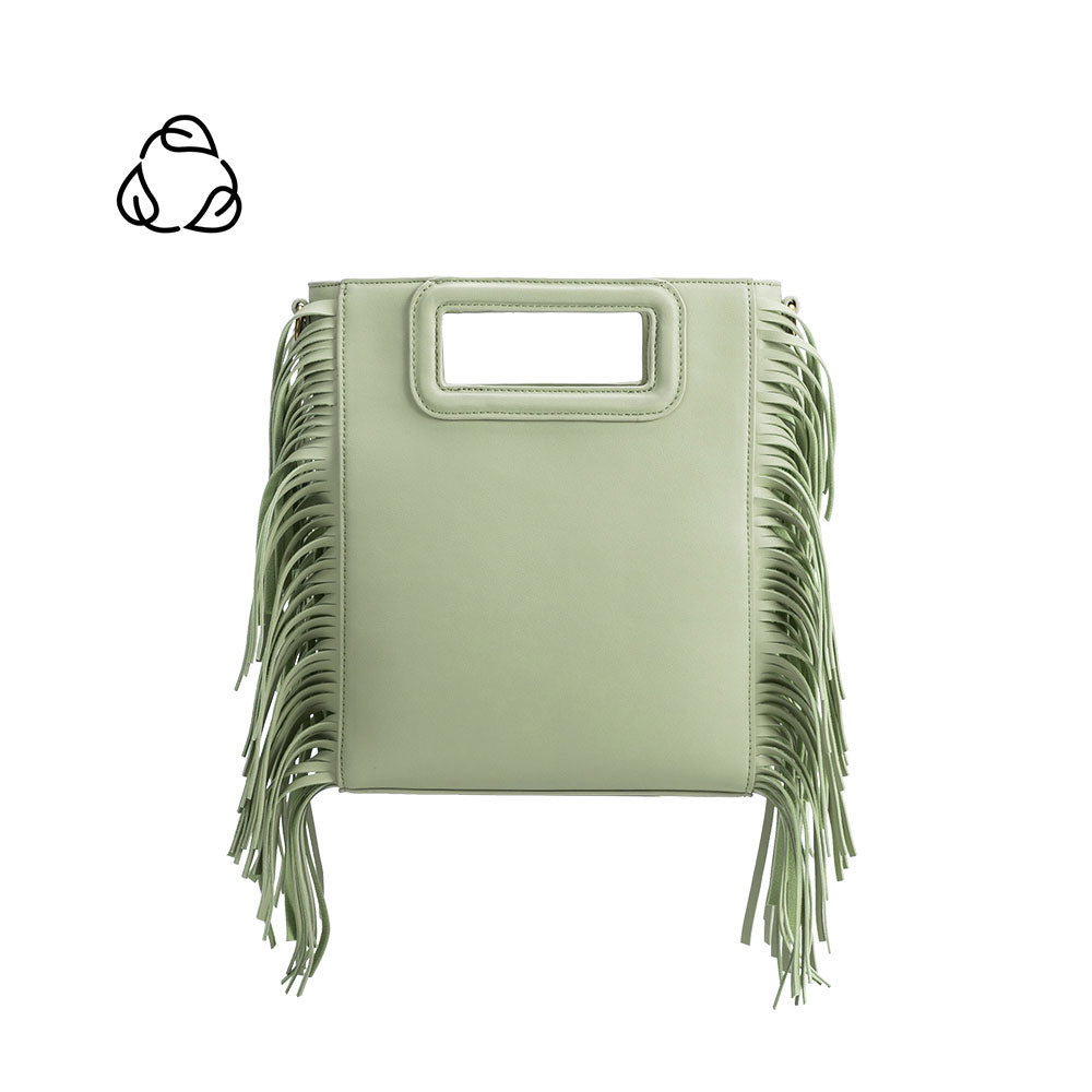 A square structured mint fringe crossbody bag.