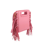 A square structured pink vegan leather crossbody bag with fringe on the side. 