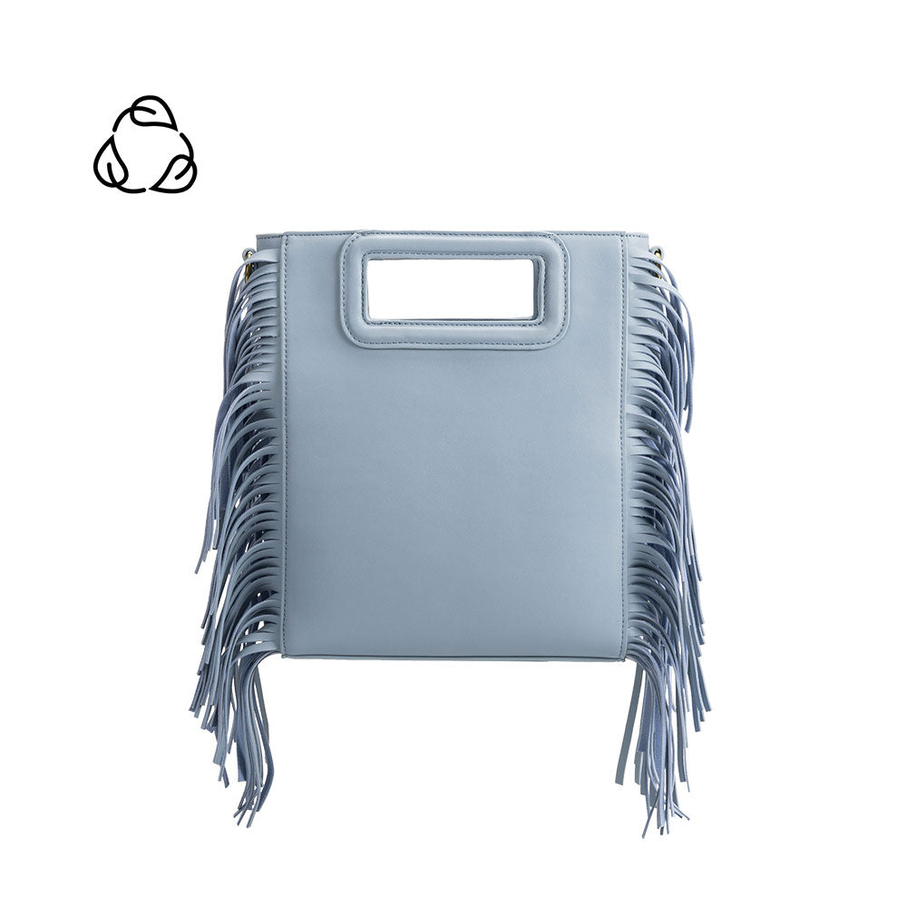 A square structured sky vegan leather crossbody bag with fringe on the side. 