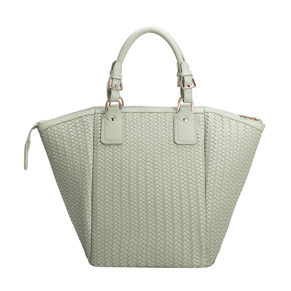 A large mint hand woven vegan leather tote bag.