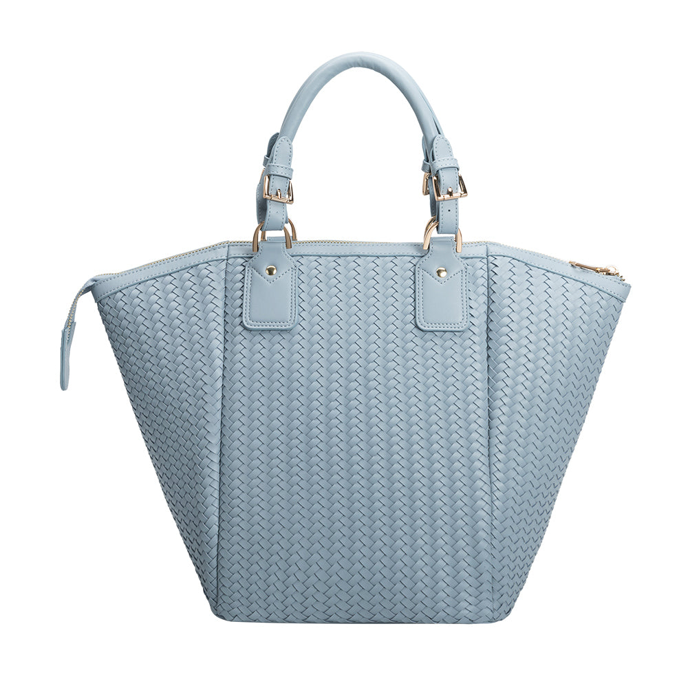 A large sky hand woven vegan leather tote bag.