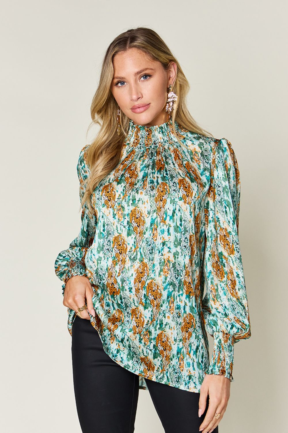 Double Take Full Size Printed Smocked Long Sleeve Blouse - Charming Charlie