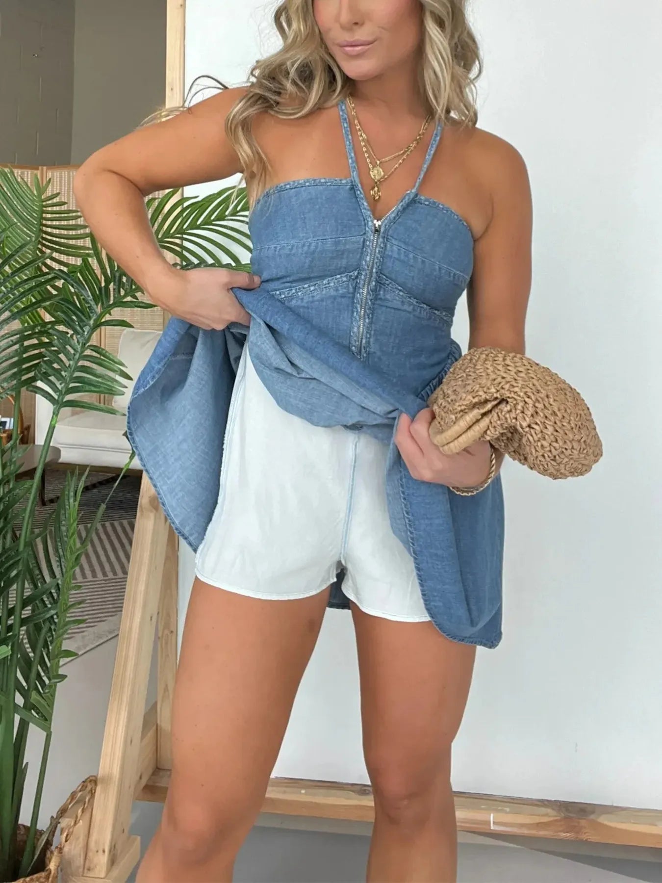 Full Size Lace Up Halter Neck Denim Dress Plus Size Rose Red / M