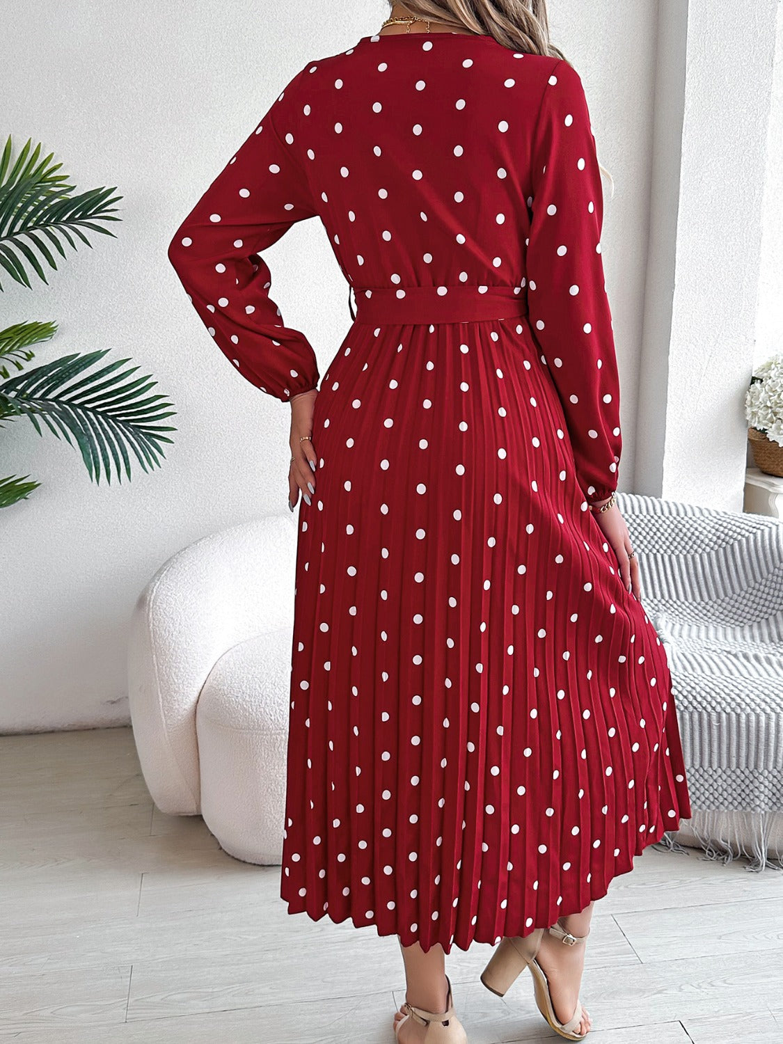 Tied Polka Dot Long Sleeve Midi Dress Burgundy / XL