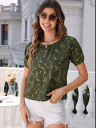 Printed Round Neck Short Sleeve Blouse - Charming Charlie