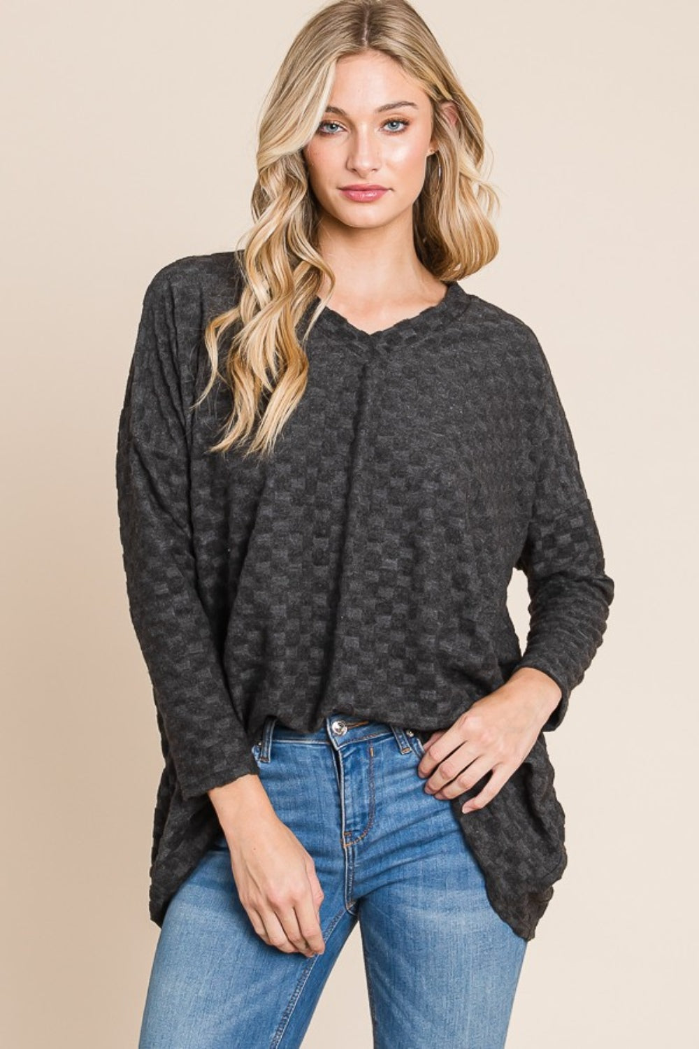 BOMBOM Checkered Long Sleeve V-Neck T-Shirt - Charming Charlie