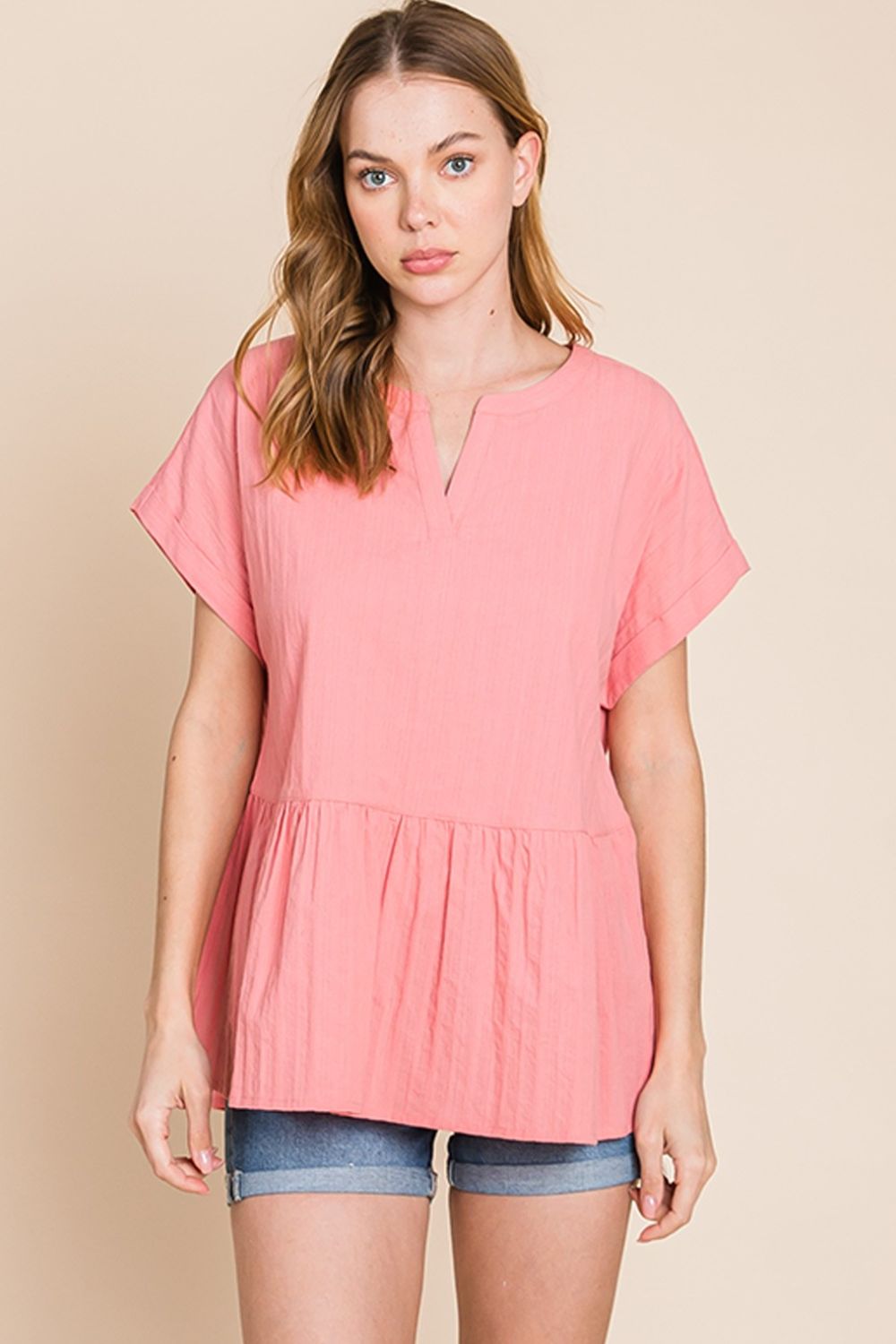 Cotton Bleu by Nu Label Notched Short Sleeve Peplum Top - Charming Charlie