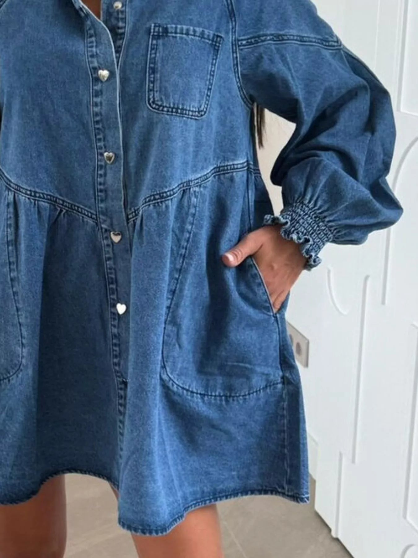 charlie denim mini dress Button Down Mini Denim Dress with Front Pockets Dark Blue / L