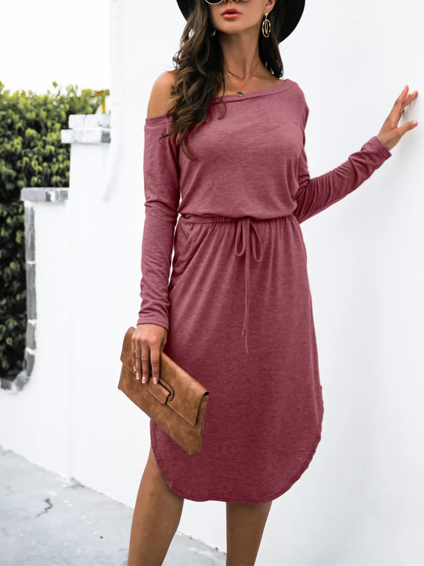 one shoulder long sleeve midi dress One-Shoulder Long Sleeve Midi Dress with Drawstring Waist Light Gray / L