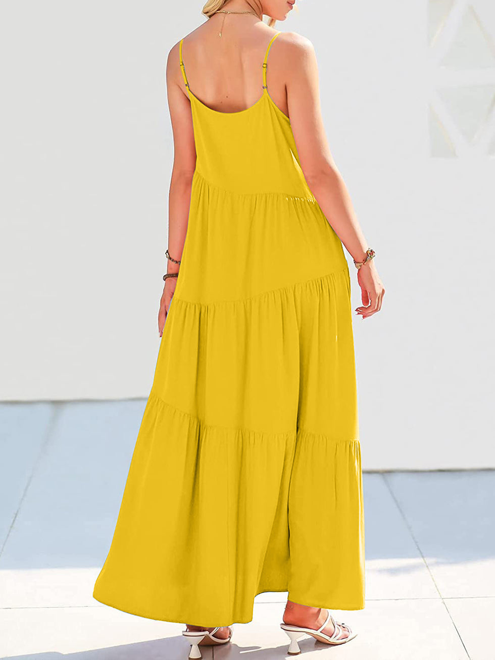 Elegant Tiered Spaghetti Strap Sleeveless Satin Maxi Prom Dress
