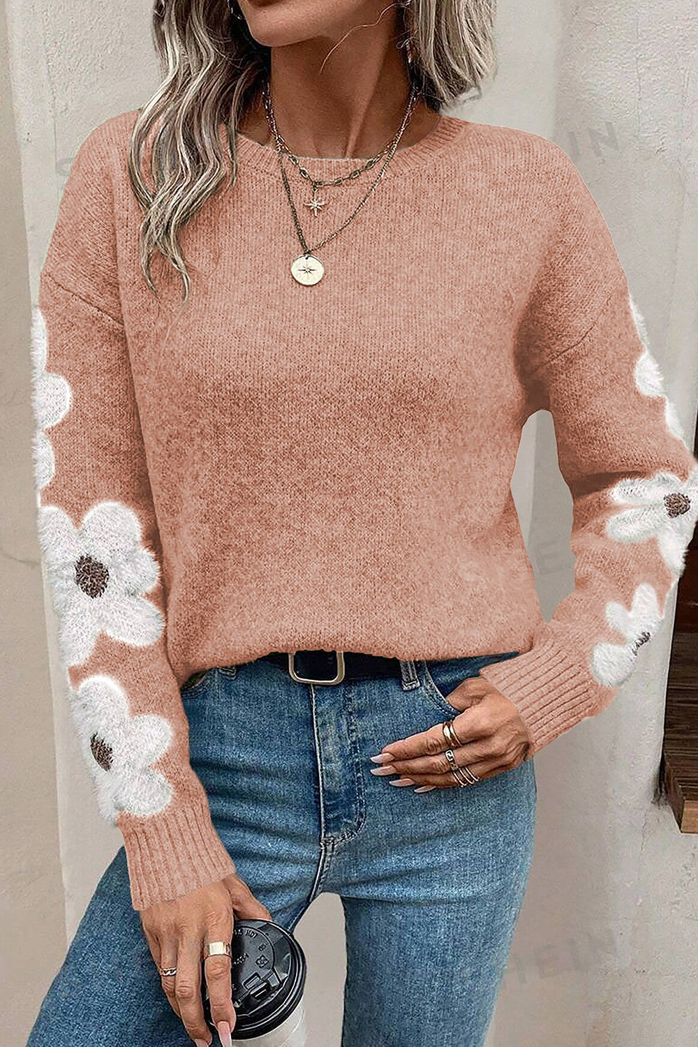 Flower Round Neck Long Sleeve Sweater - Charming Charlie