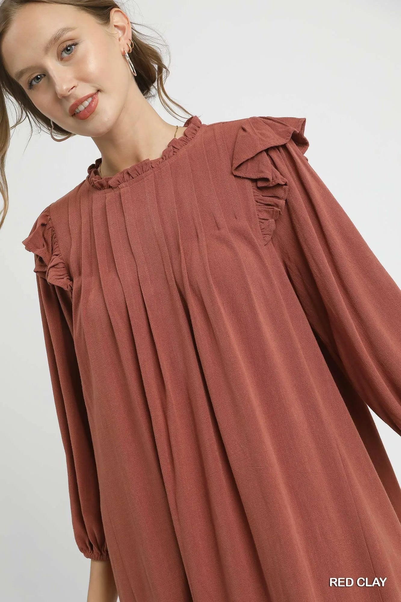 Umgee Linen Ruffle Shoulder Pleated Babydoll Dress RED CLAY / M