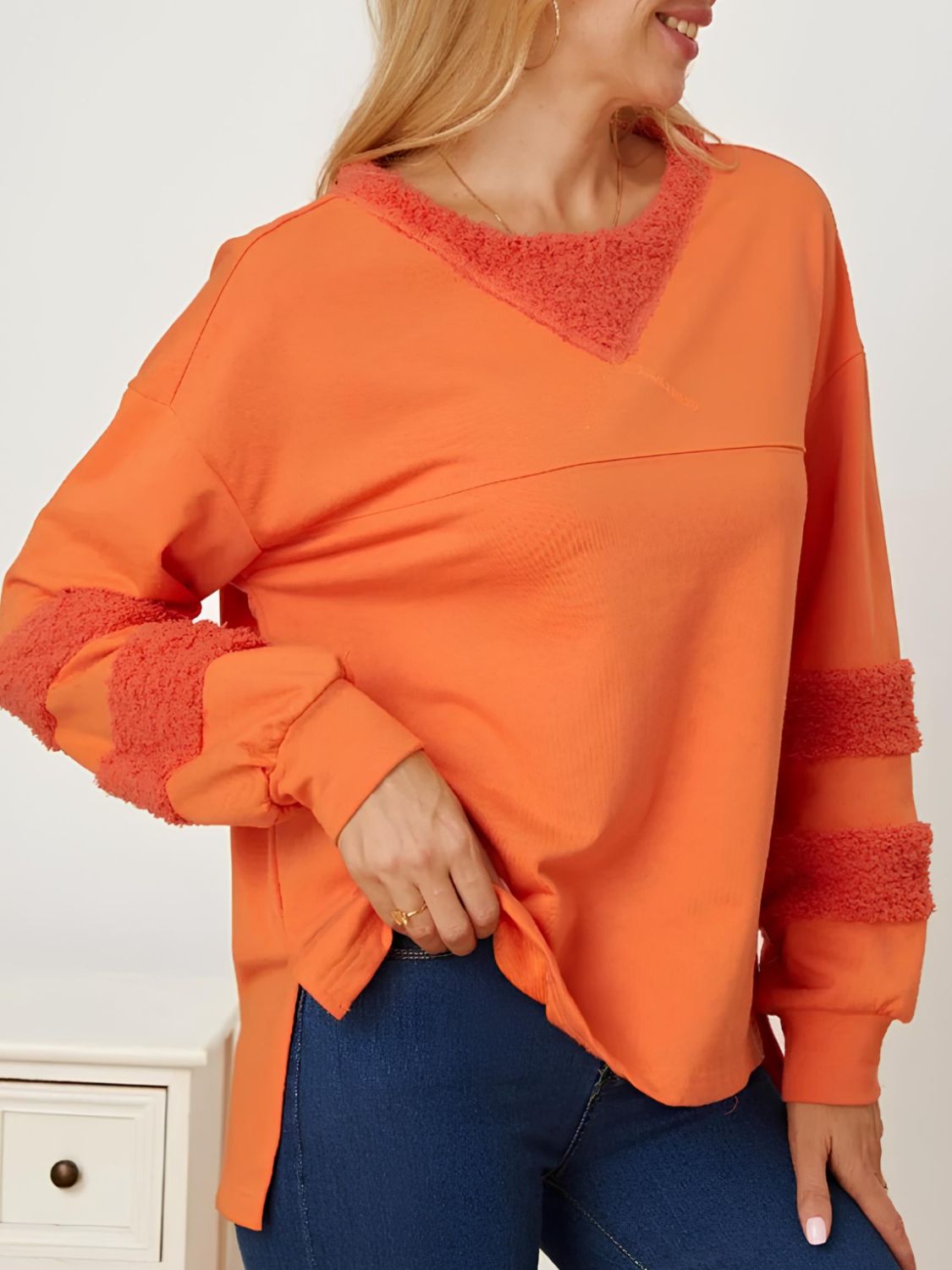 High-Low Round Neck Long Sleeve Sweatshirt - Charming Charlie
