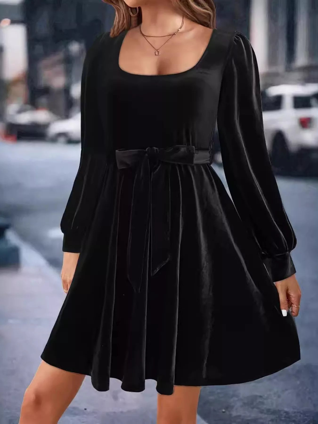Velvet Long Sleeve A-Line Dress Black / L Velvet Long Sleeve A-Line Dress Black / L