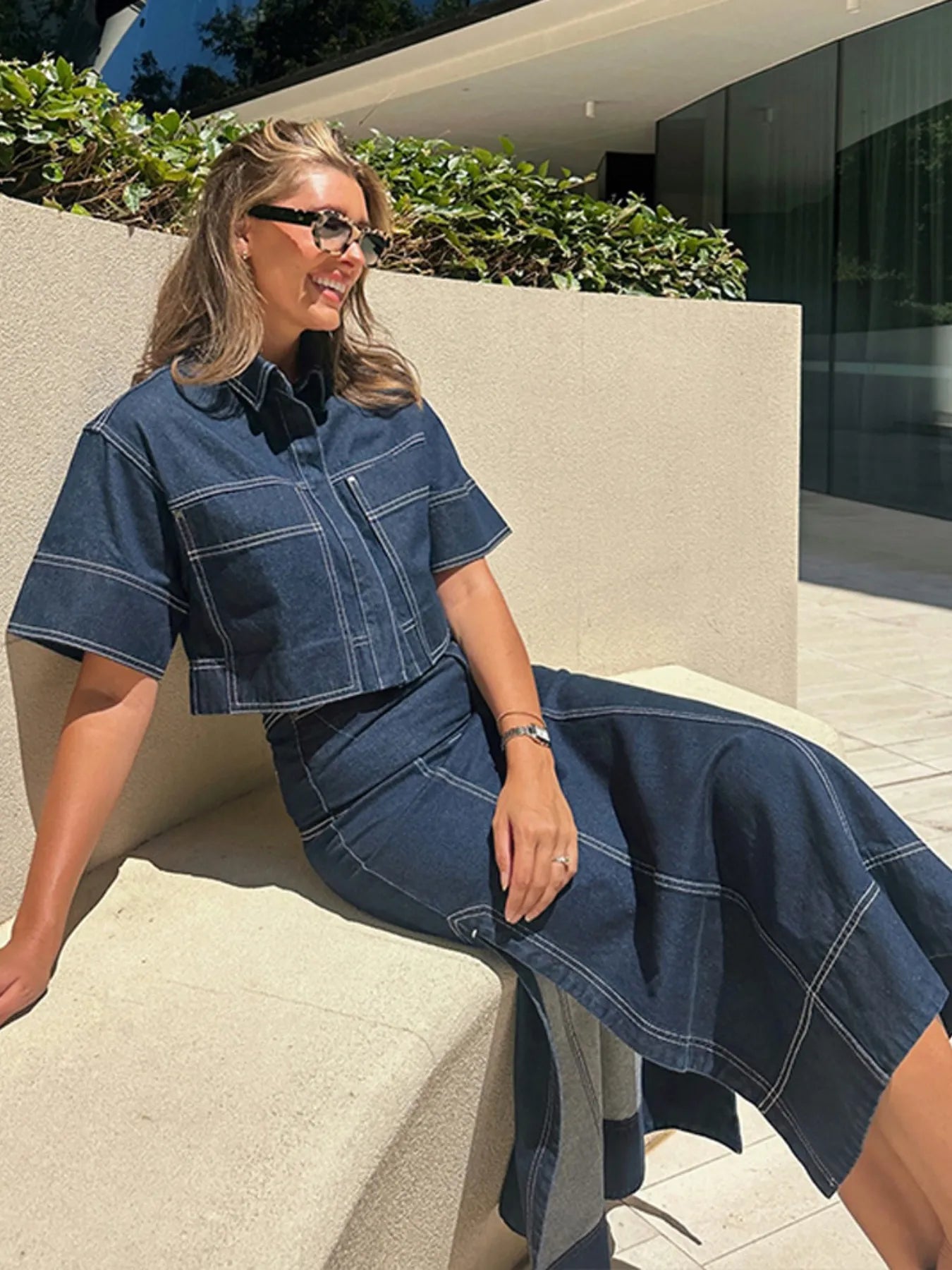 High-Waist Side Slit Contrast Stitch Denim Maxi Skirt – Charming