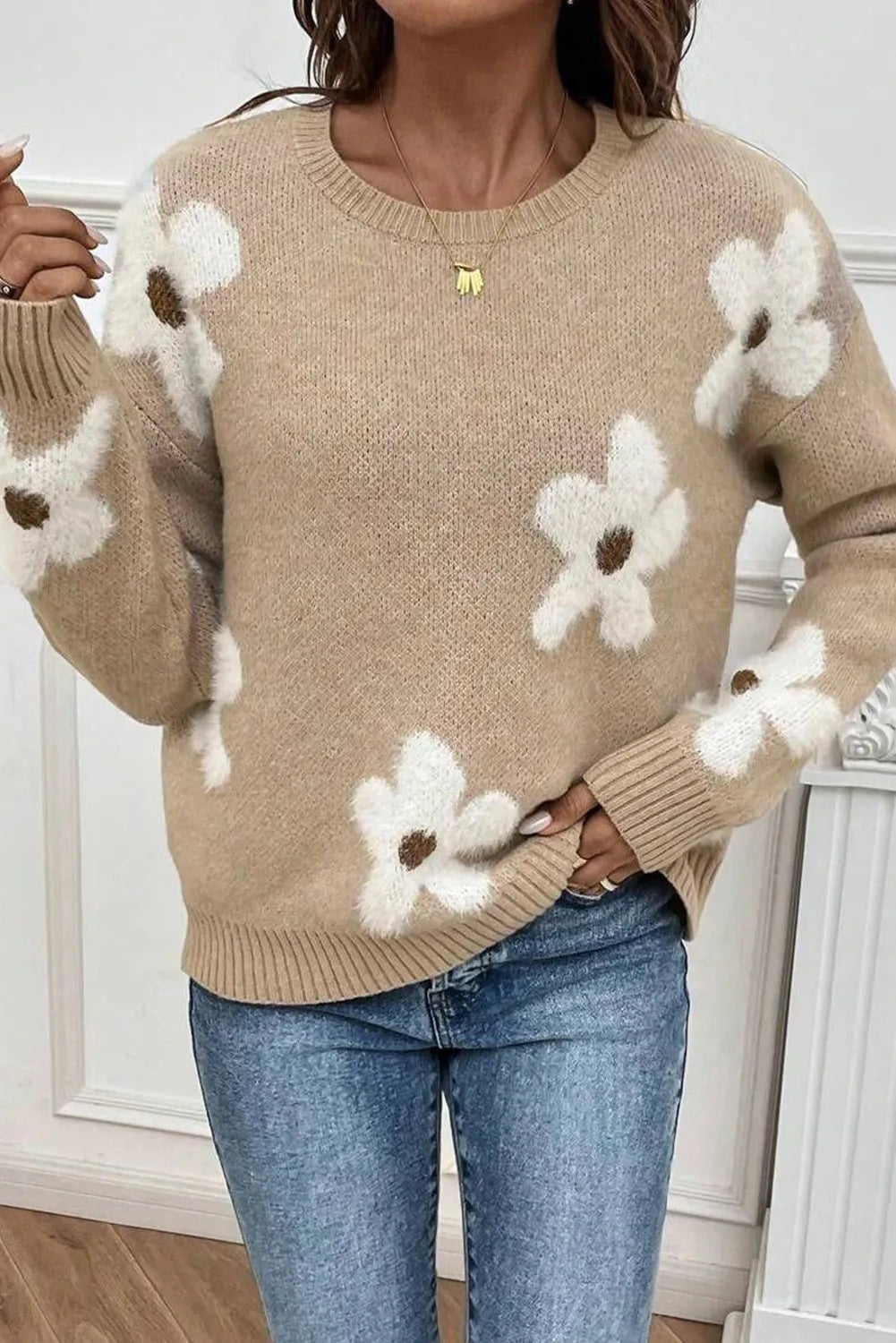 Flower Round Neck Long Sleeve Sweater - Charming Charlie