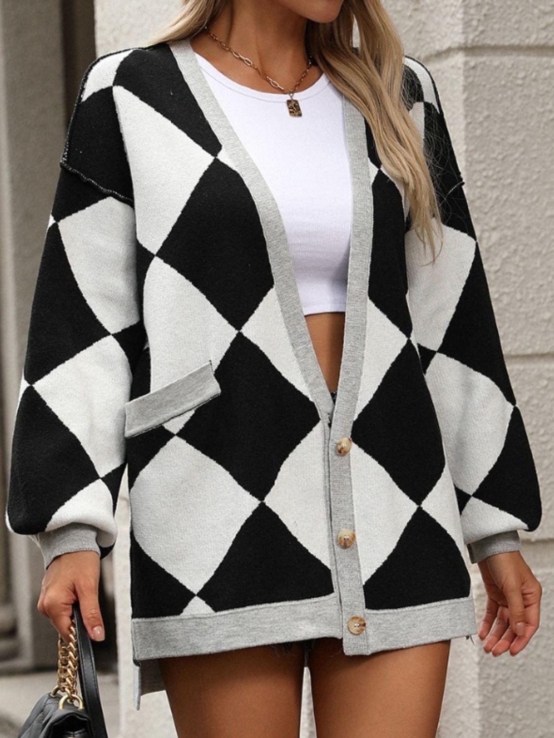 Checkered Dropped Shoulder Long Sleeve Cardigan - Charming Charlie