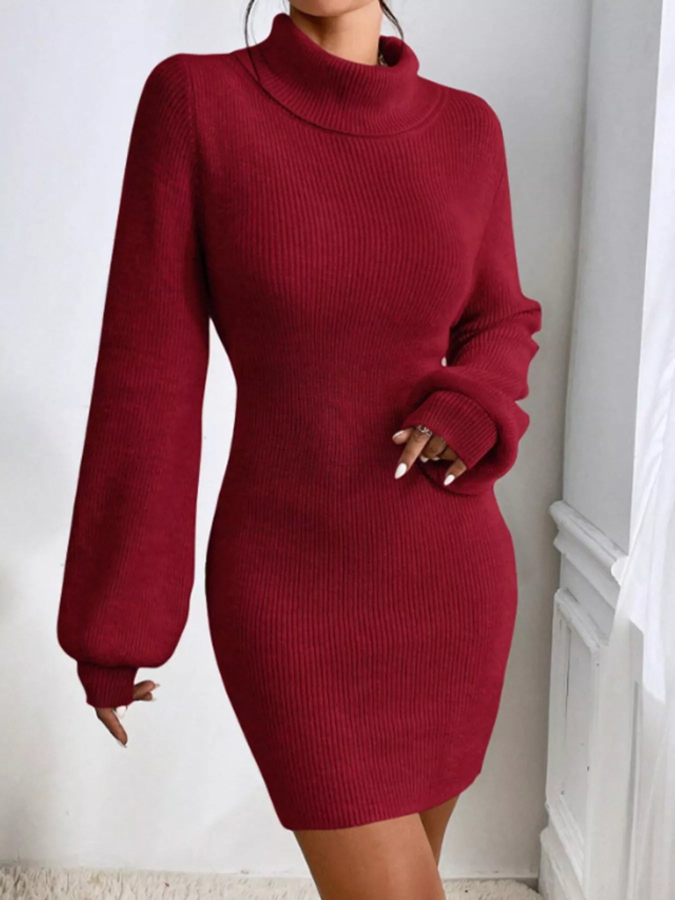 Turtleneck Ribbed Knit Sweater Dress Wine Red / M