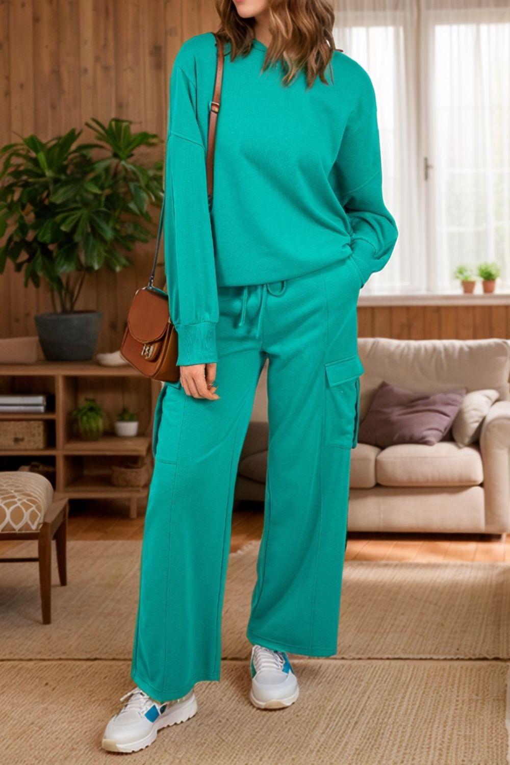 Full Size Round Neck Long Sleeve Top and Drawstring Pants Set - Charming Charlie