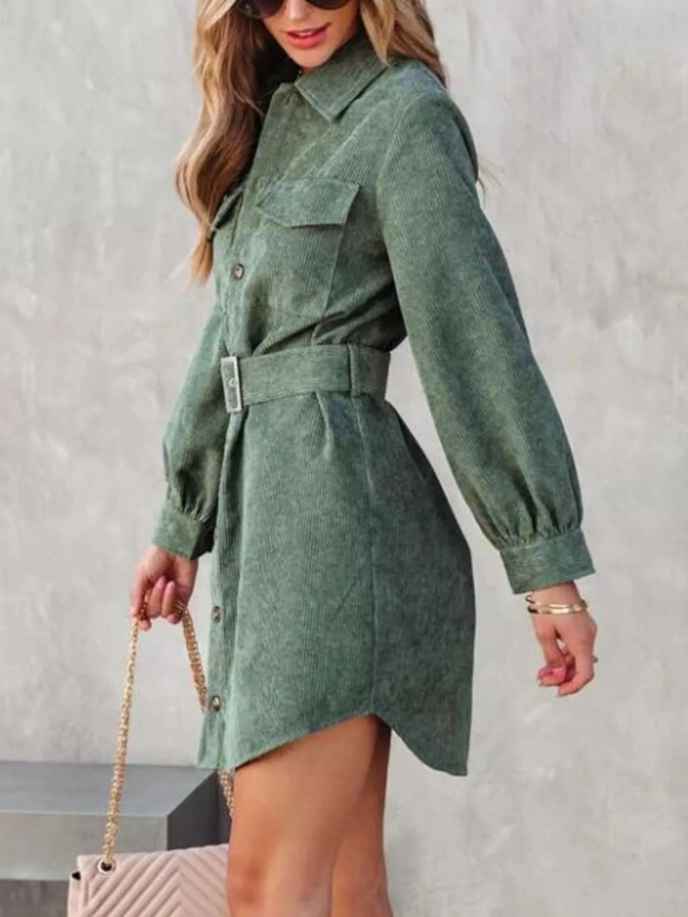 Button Front Belt Long Sleeve Corduroy Dress Green / M Button Front Belt Long Sleeve Corduroy Dress Green / M