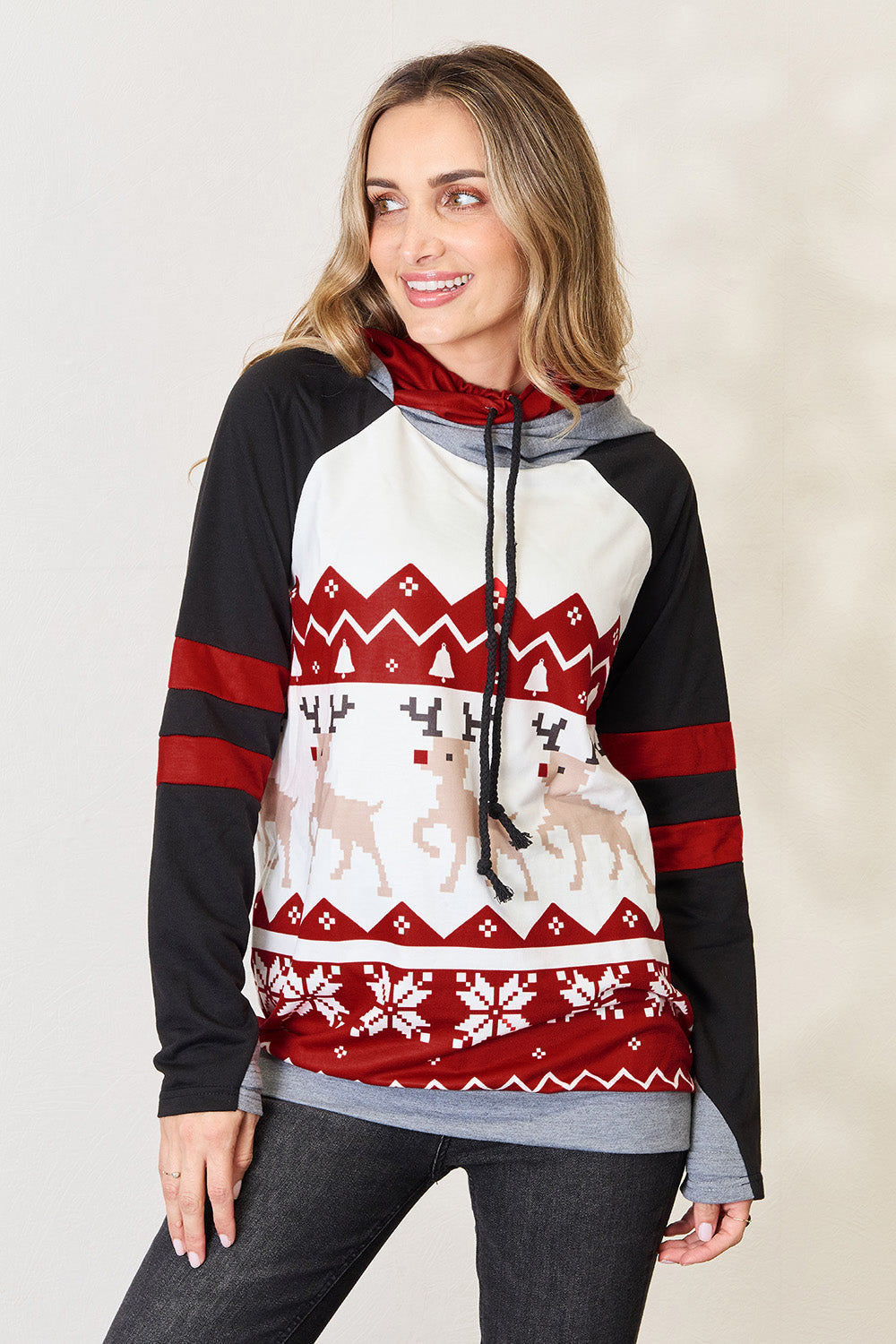 Double Take Full Size Christmas Drawstring Long Sleeve Hoodie - Charming Charlie
