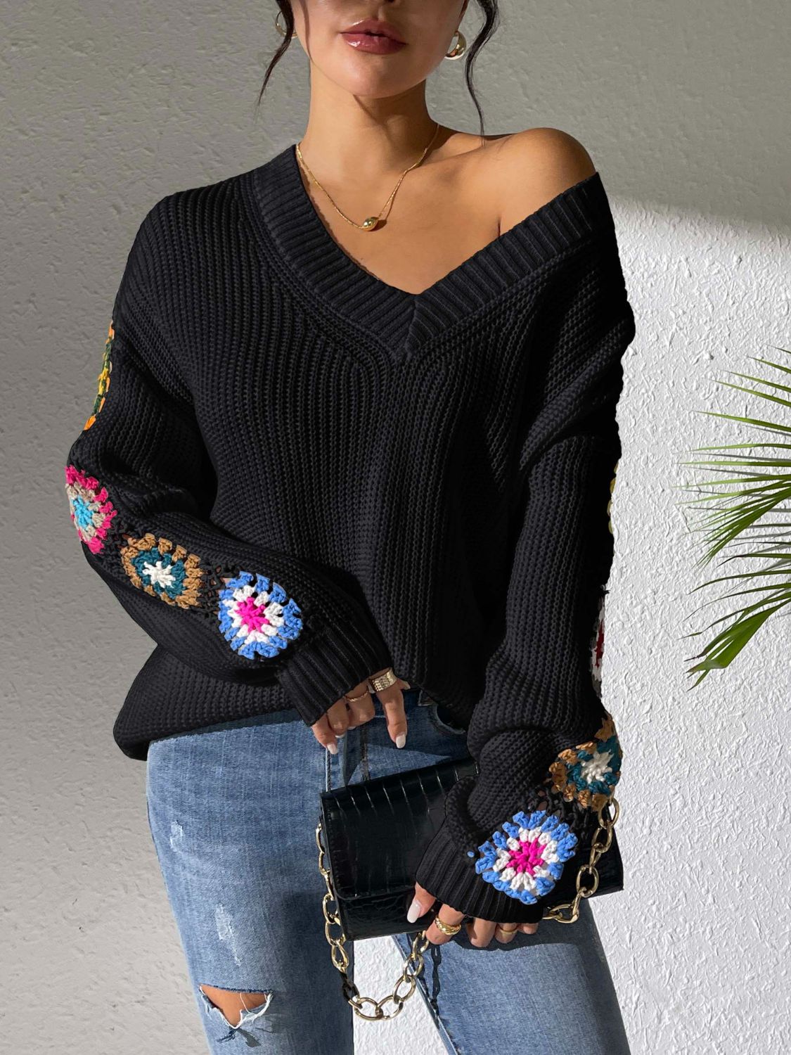 Crochet Flower V-Neck Sweater – Charming Charlie