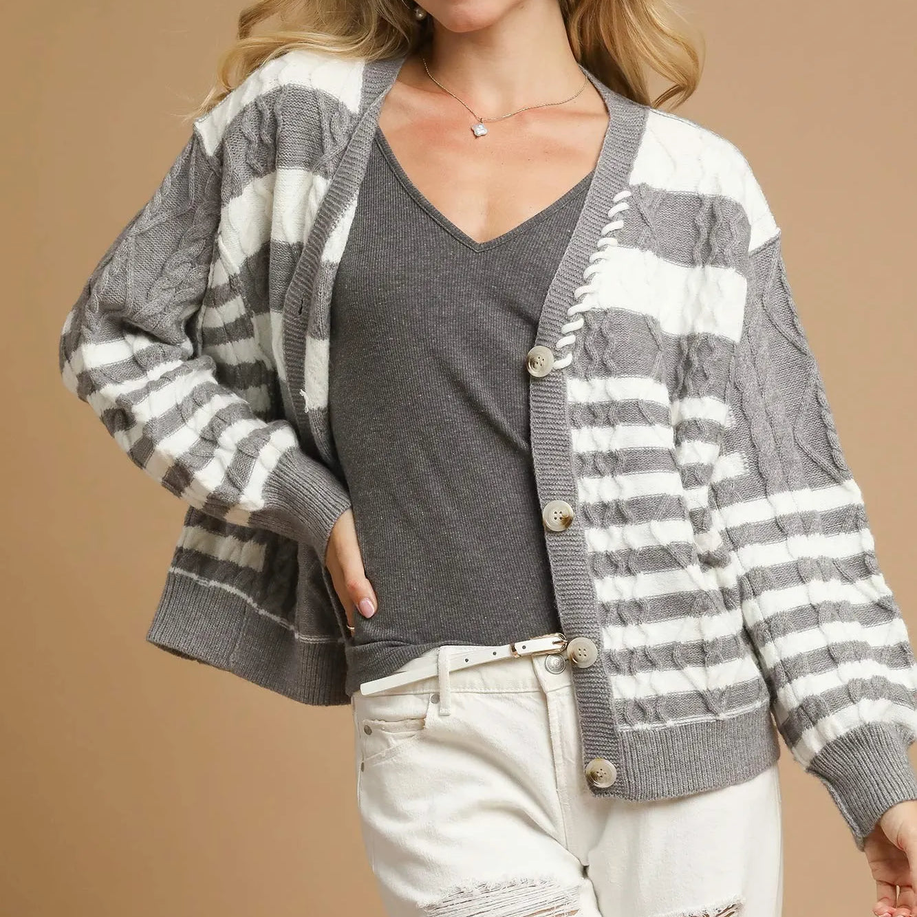 Umgee Cable-Knit Stripe Button-Up Cardigan – Charming Charlie Umgee Cable-Knit Stripe Button-Up Cardigan – Charming Charlie
