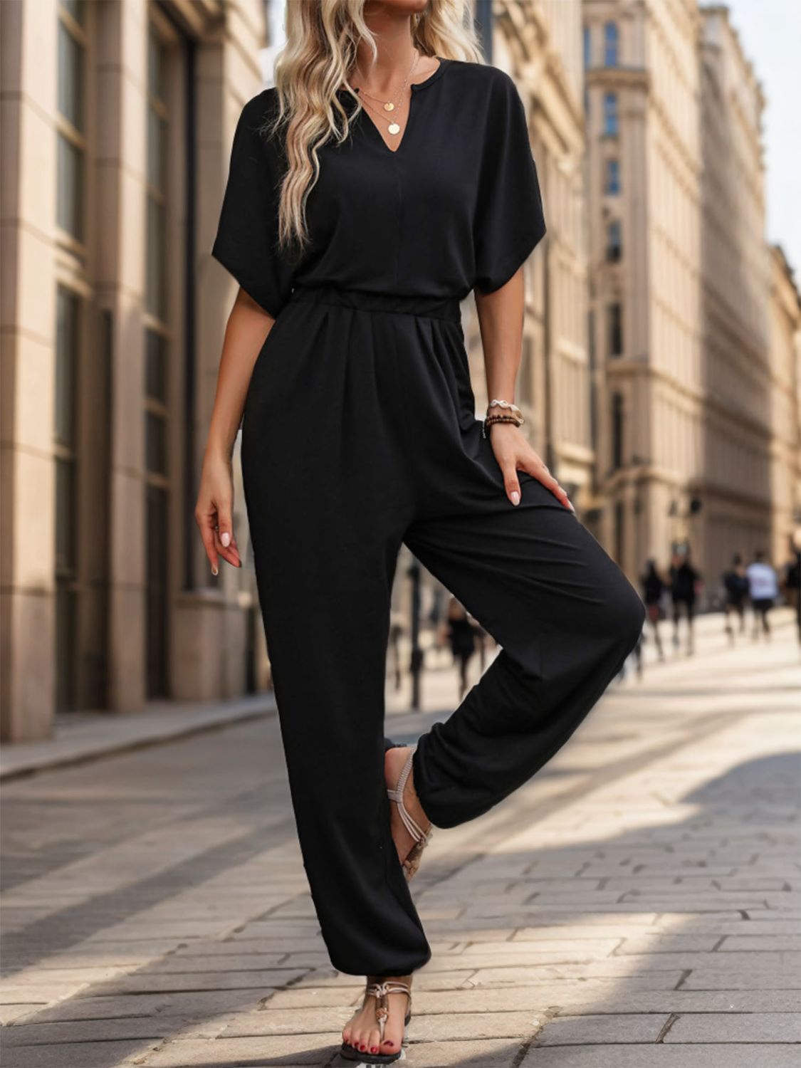 Notched Half Sleeve Straight Jumpsuit - Charming Charlie