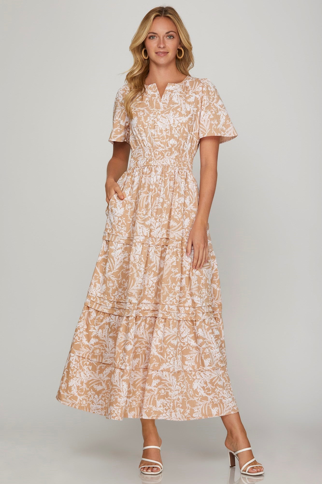 She + Sky Printed Notched Woven Tiered Pintuck Maxi Dress with Side Pockets Apricot / 1XL