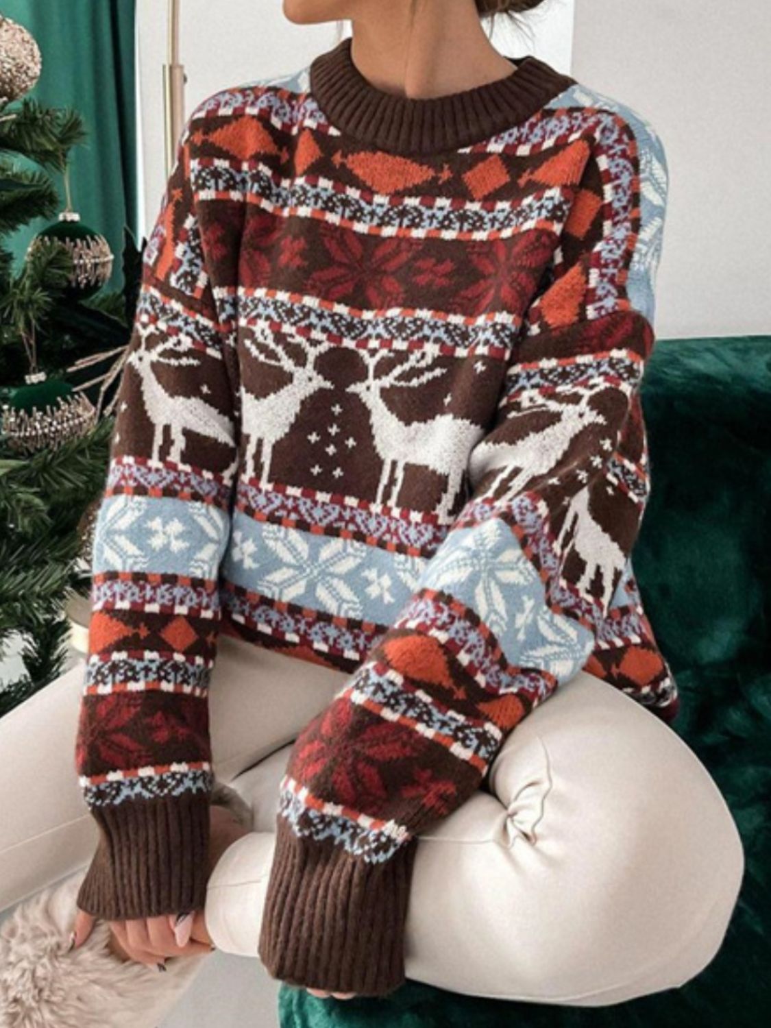 Geometric Round Neck Dropped Shoulder Sweater - Charming Charlie