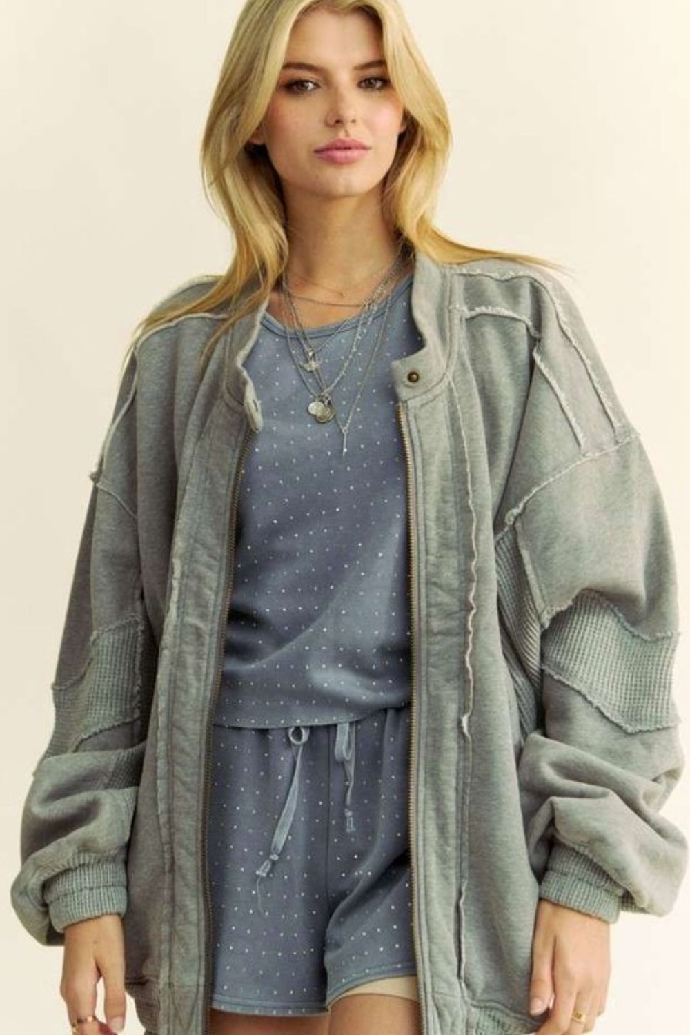 Davi & Dani Exposed Seam Zip Up Dropped Shoulder Jacket - Charming Charlie