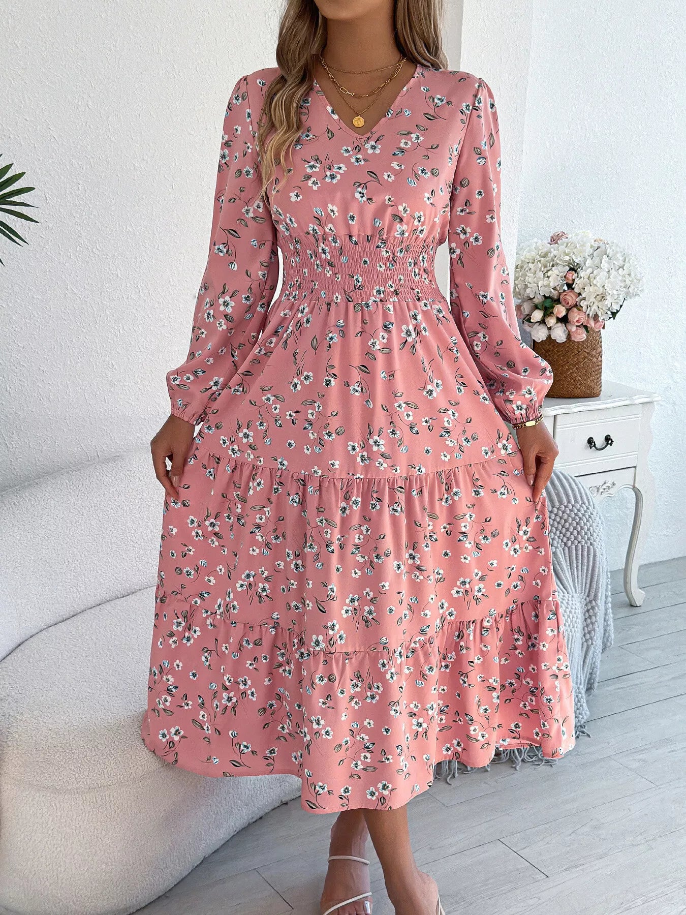 Floral Print Long Sleeve V-Neck Midi Dress Burgundy / S