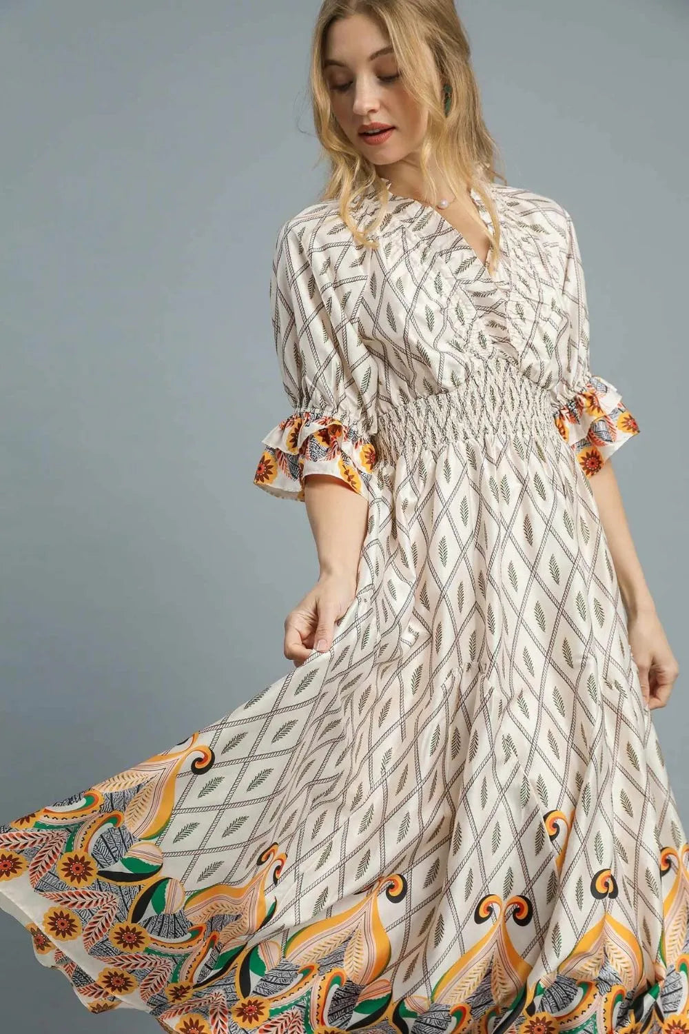 Umgee Printed Smocked Waist Flounce Sleeve Midi Dress Charming Charlie Umgee Printed Smocked Waist Flounce Sleeve Midi Dress Charming Charlie