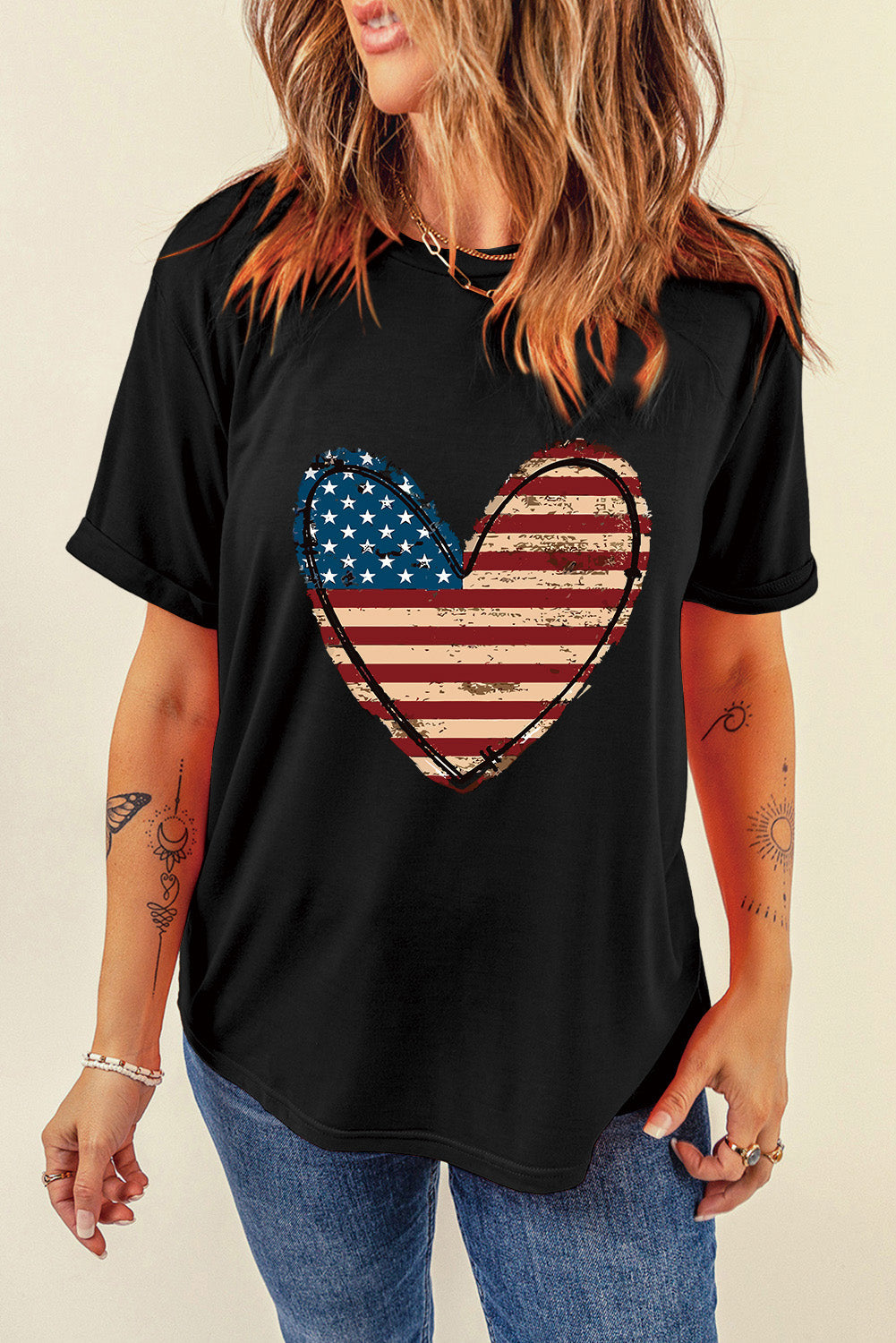 Stars and Stripes Heart Round Neck Short Sleeve T-Shirt - Charming Charlie