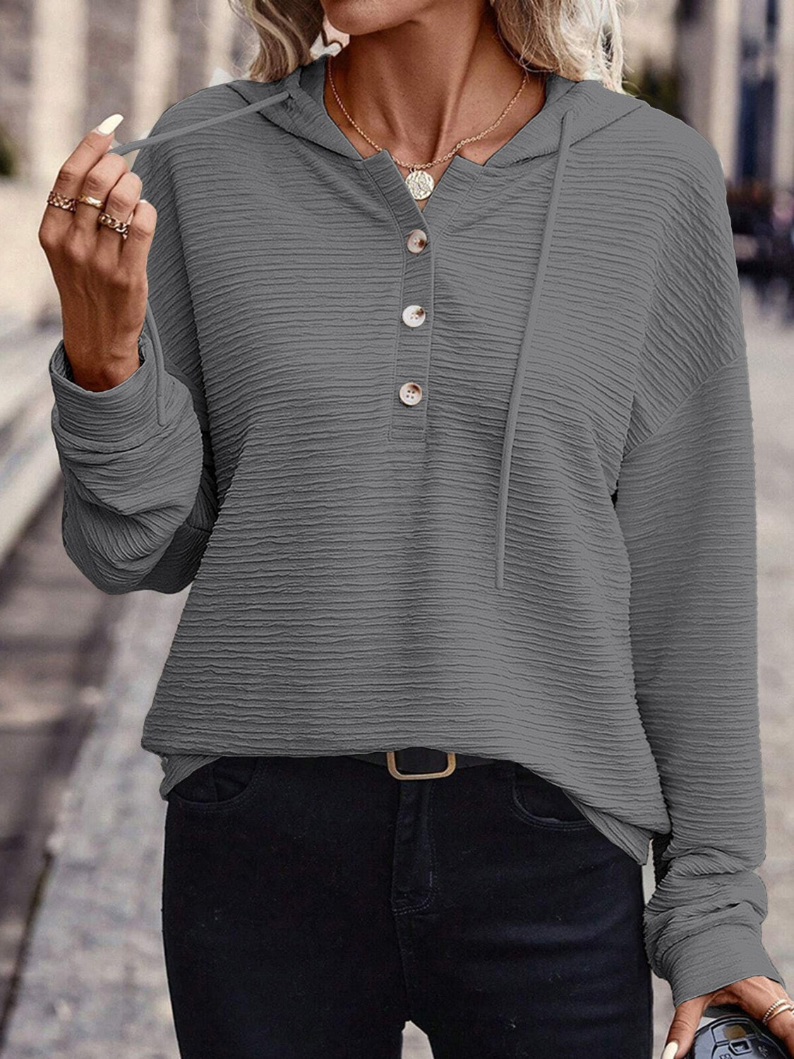 Drawstring Quarter Button Long Sleeve Hoodie - Charming Charlie