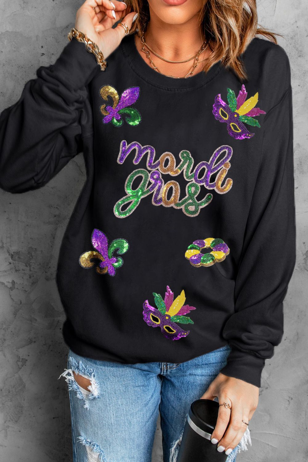 MARDI GRAS Sequin Round Neck Sweatshirt – Charming Charlie