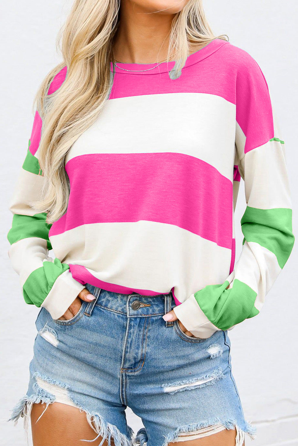 Contrast Color Block Round Neck Long Sleeve Top - Charming Charlie