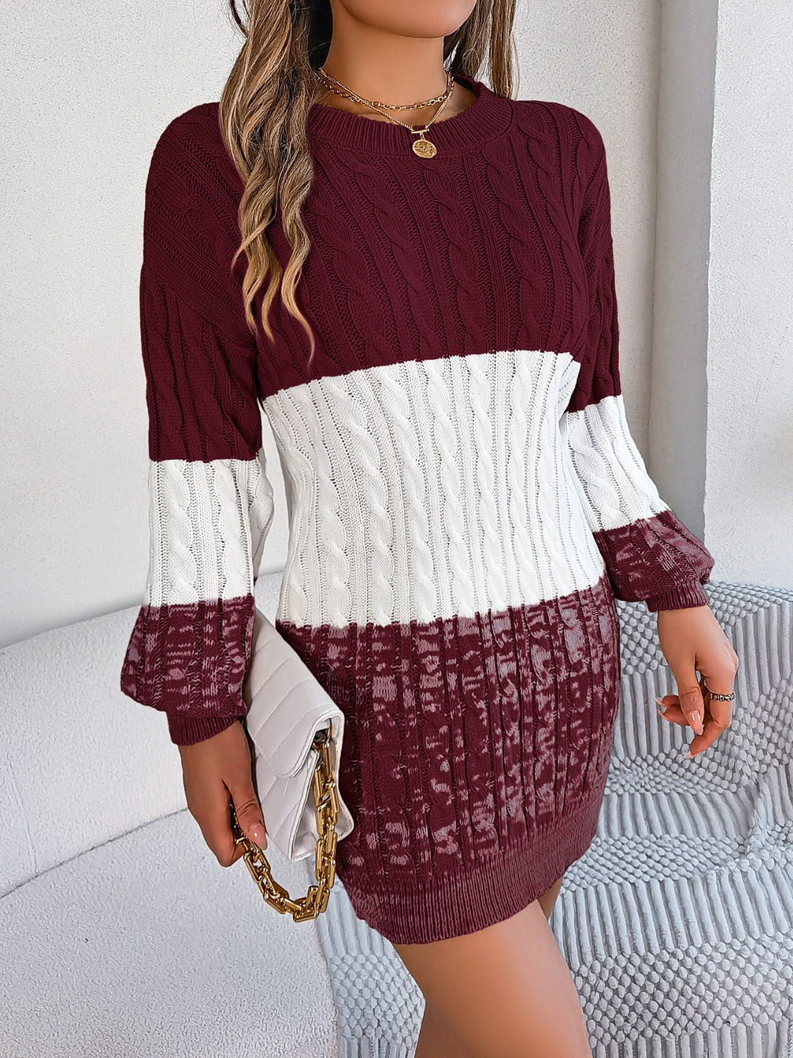 Cable-Knit Round Neck Color Block Sweater Dress Camel / L