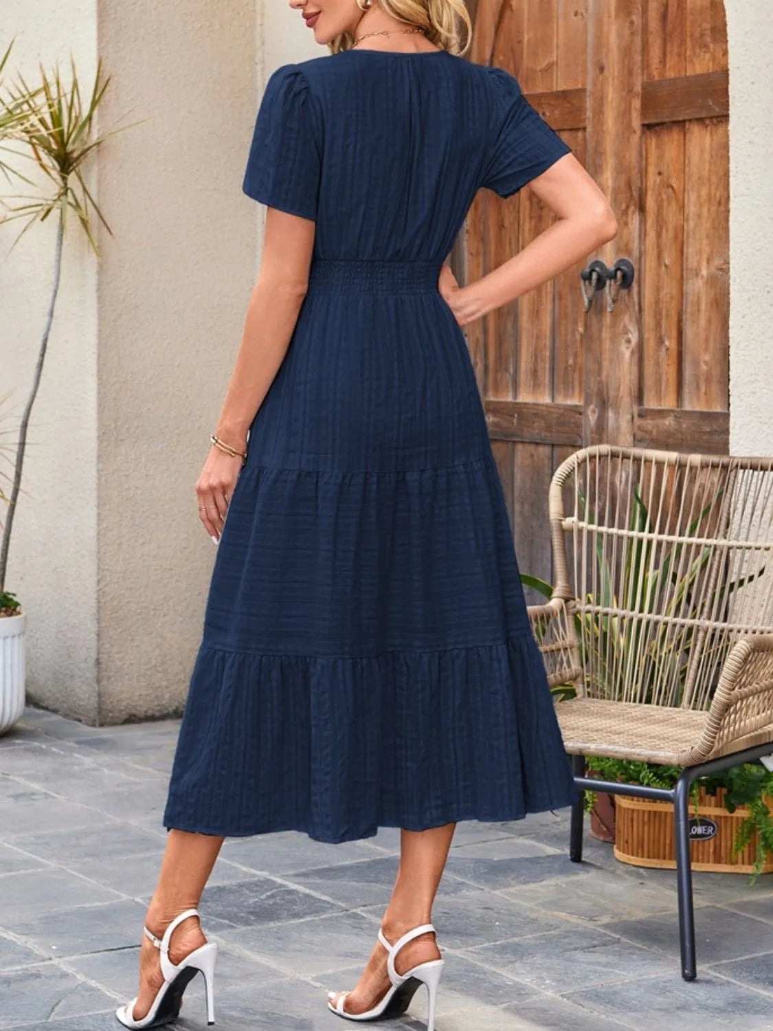 Tiered Notched Short Sleeve Dress Moss / S Tiered Notched Short Sleeve Dress Moss / S