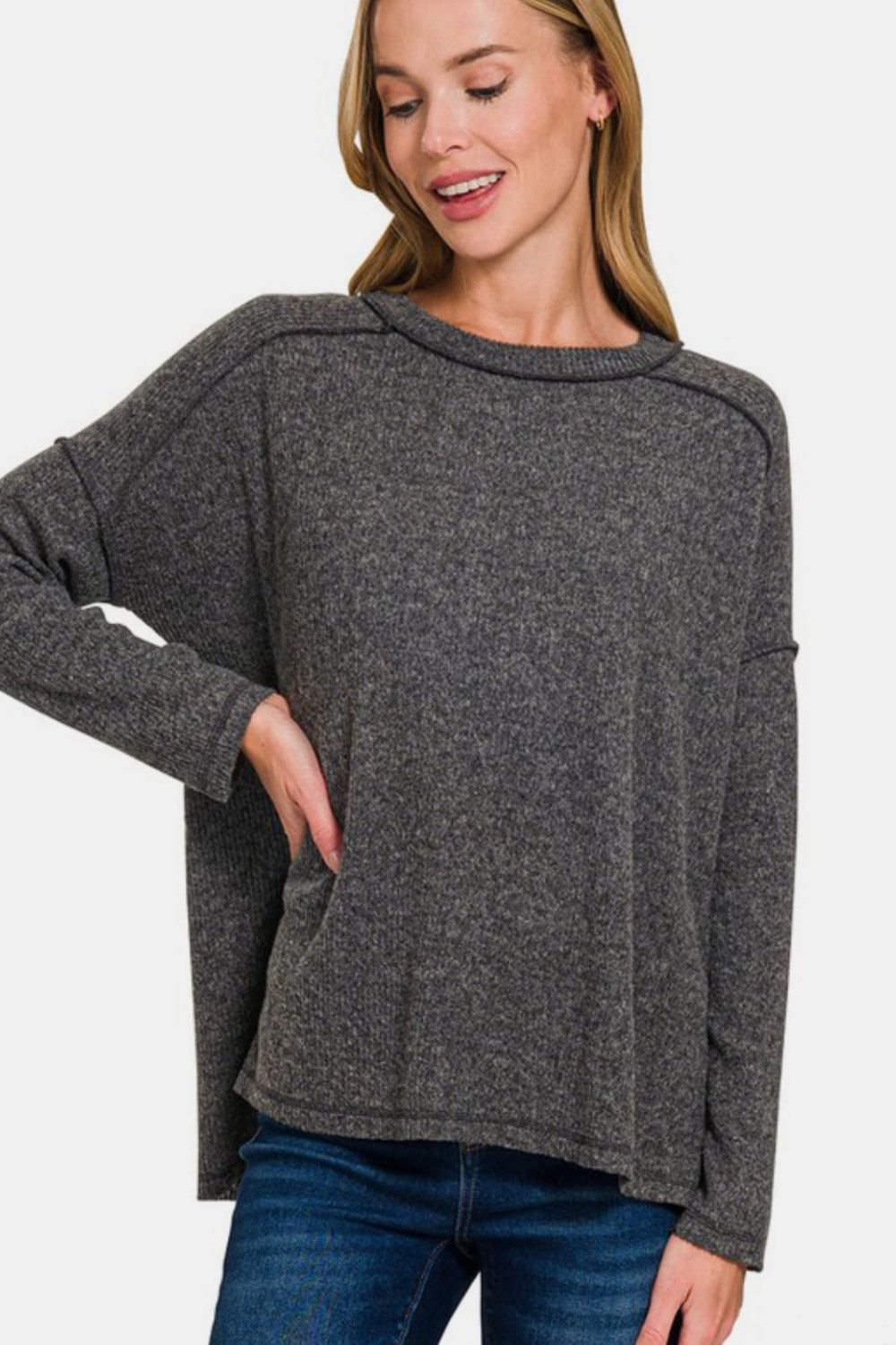 Zenana Full Size Exposed Seam Brushed Round Neck Sweater - Charming Charlie