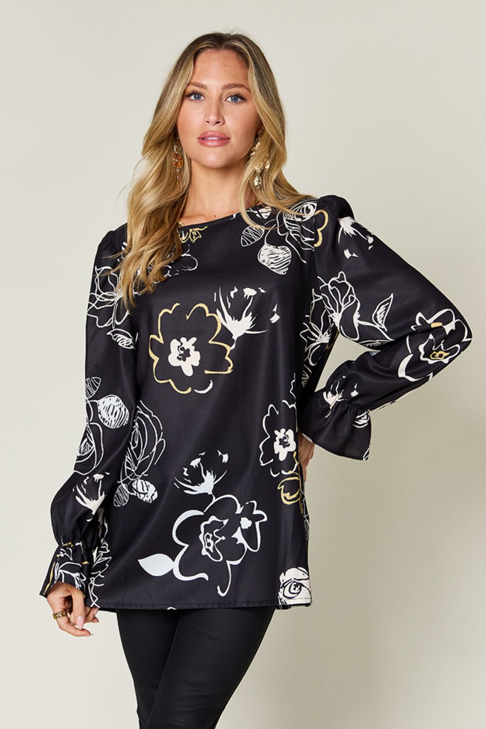 Double Take Full Size Printed Flounce Sleeve Blouse - Charming Charlie