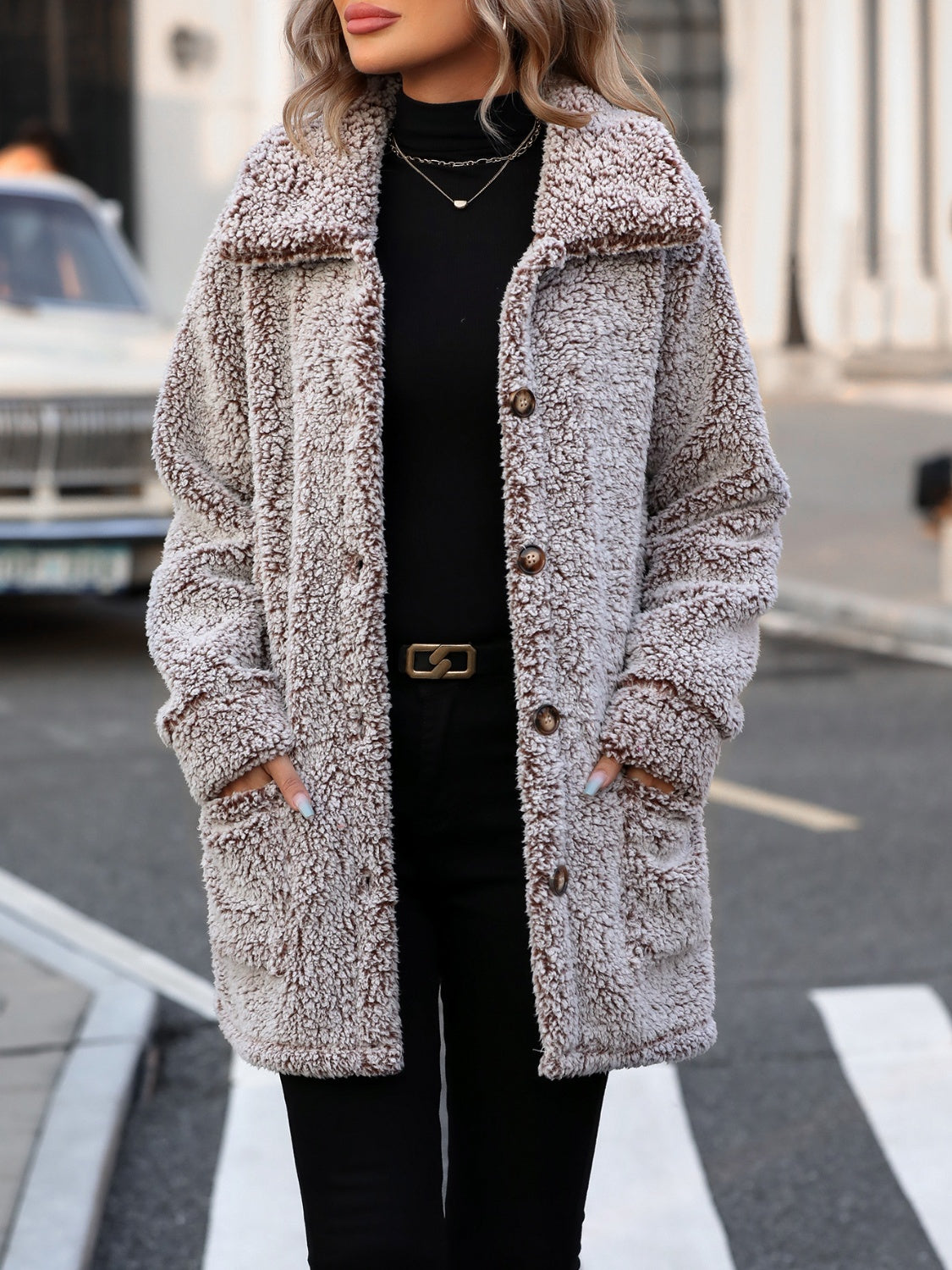 Pocketed Collared Neck Long Sleeve Plush Jacket - Charming Charlie