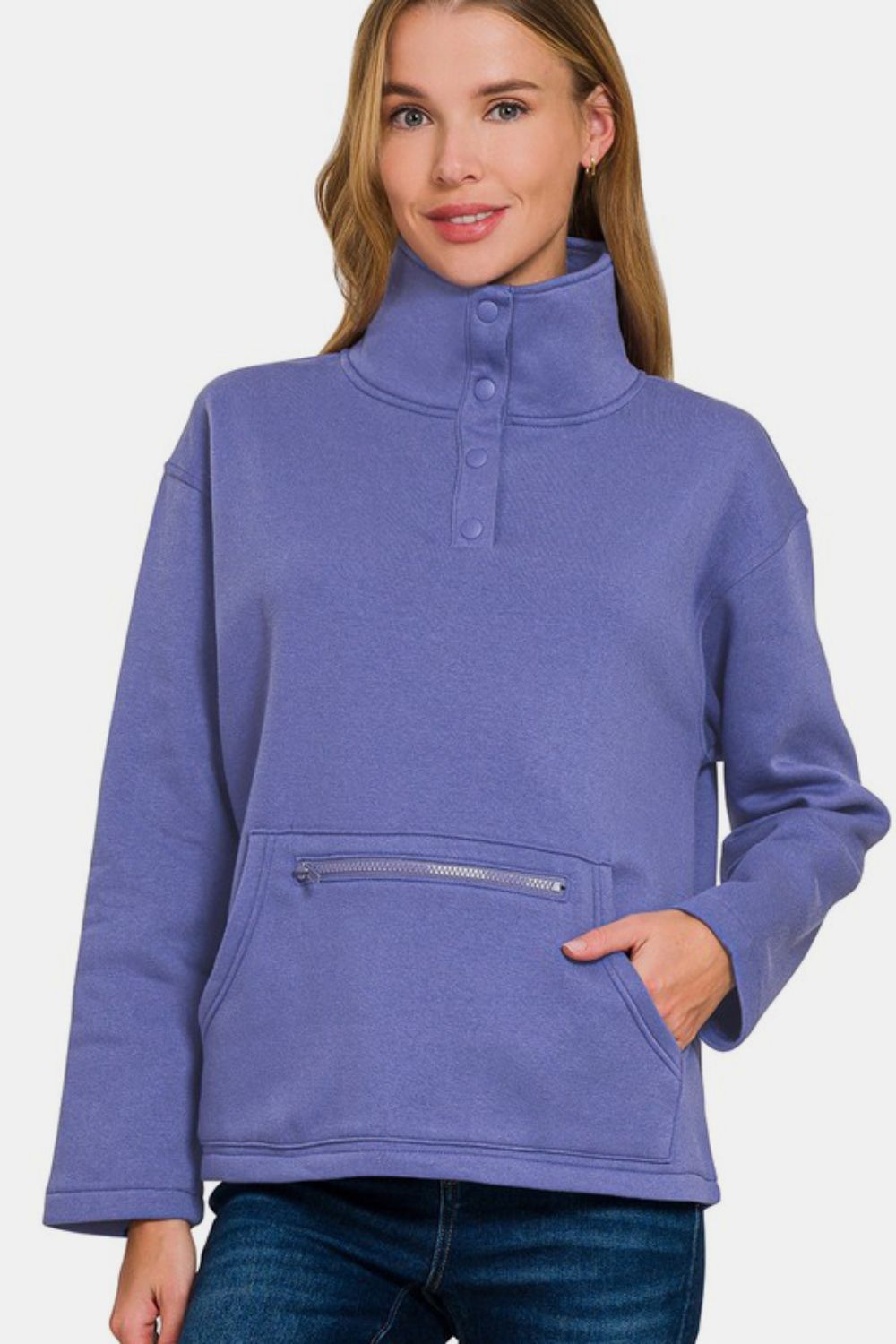 Zenana Turtleneck Half Snap Fleece Sweatshirt - Charming Charlie